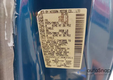 2001 Nissan Frontier Xe z USA, uszkodzony, nr VIN 1N6DD26S11C396561